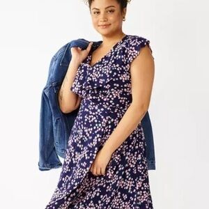 Draper James RSVP Dress NWT Ruffle Floral Wrap Pink Navy Floral Size M‎